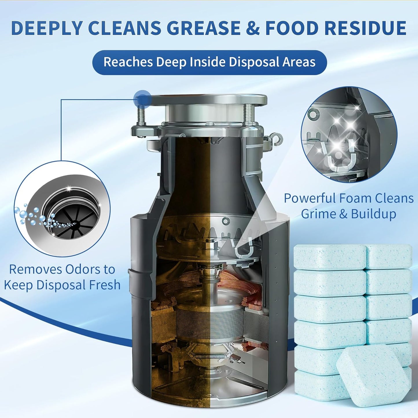 Foaming Garbage Disposal Cleaner and Deodorizer Tablets-24 Pack Food Disposal Cleaner, Quickly Eliminates Odors, XL Powerful Foaming Action, Refreshing Lemon Scent, Natural Ingredients, 1 Year Supply