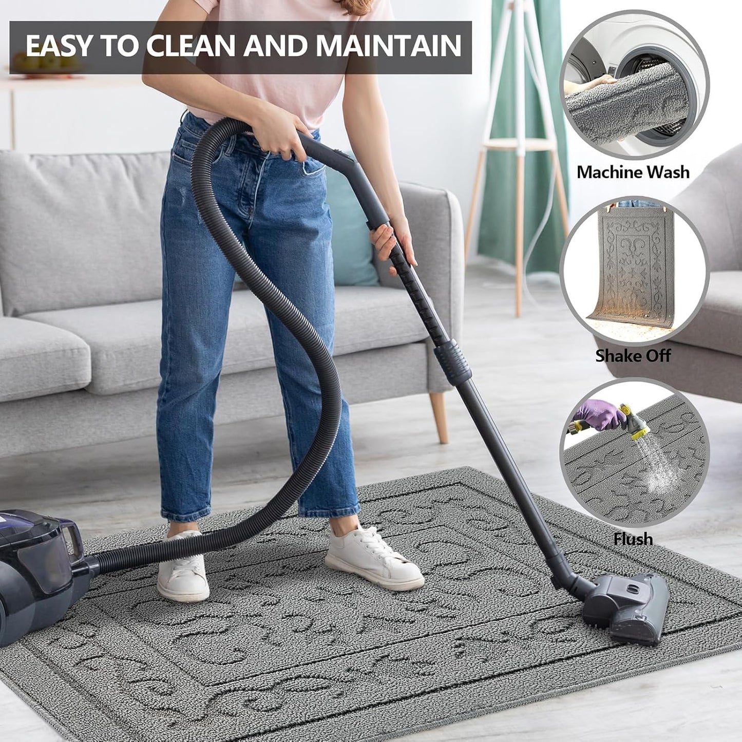 FONEYI Indoor Door Mat 36" x 59", Dirt Trapper Door Mats Non-Slip Entryway Rugs Washable, Absorbent Resist Dirt Welcome Mat, Low Profile Inside Floor Mats for Front Back Door and Entryway, Light Grey