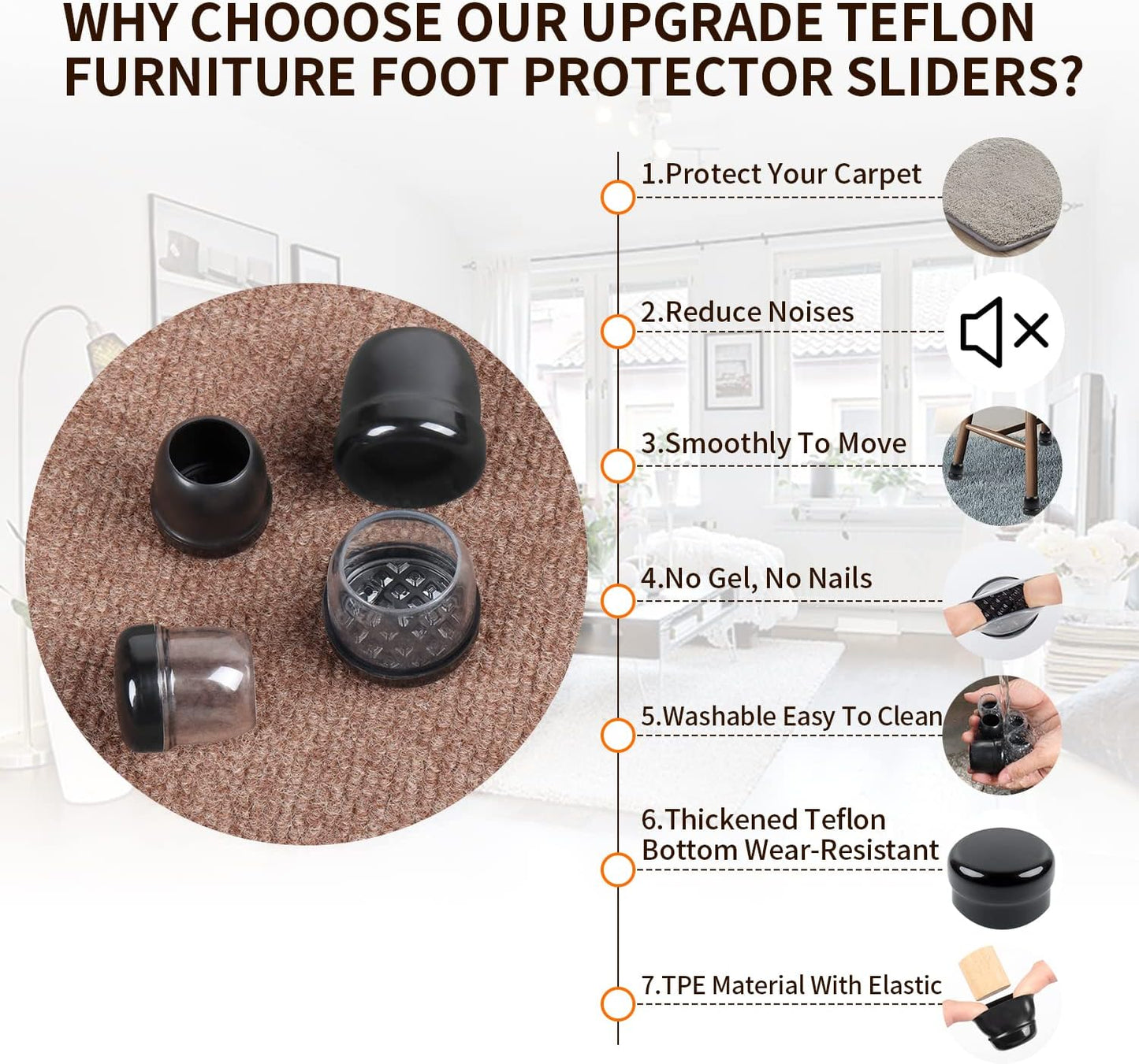 Ezprotekt 24 Pcs Black Chair Leg Sliders for Carpet, Round Teflon Furniture Glides for Rug, Carpet Sliders Protectors Caps for Couch, Dining Chair, Table Legs, Bar Stool Legs (M Fit: 7/8" to 1")
