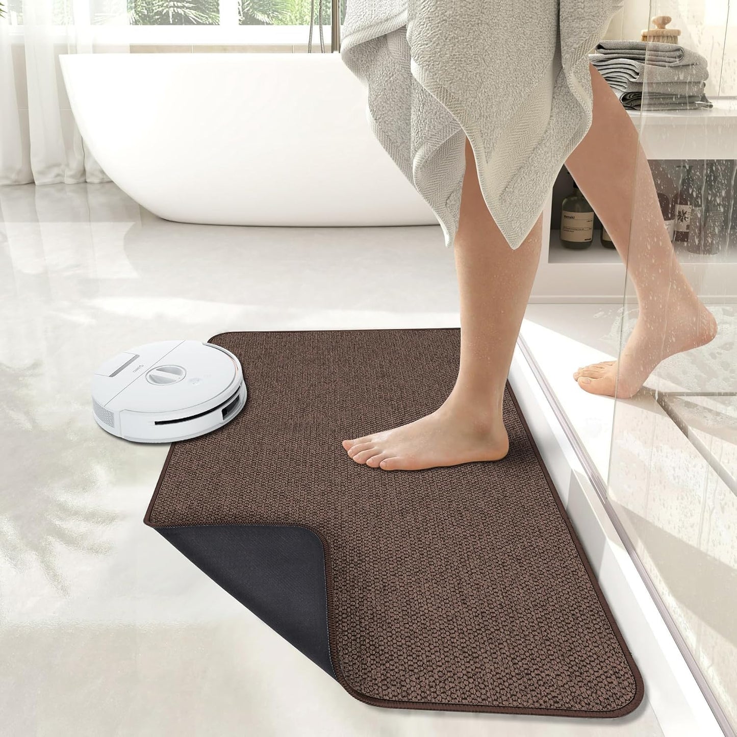 Bath Mat,Ultra Thin Bathroom Rugs,Rubber Bath Mats for Bathroom,No Slip Bath Rugs,Quick Dry,Machine Washable,Low Pile,Absorbent,Shower Outside,Sink,Home Decor Accessories.Brown,1'5"x2'3"(17x27inch)