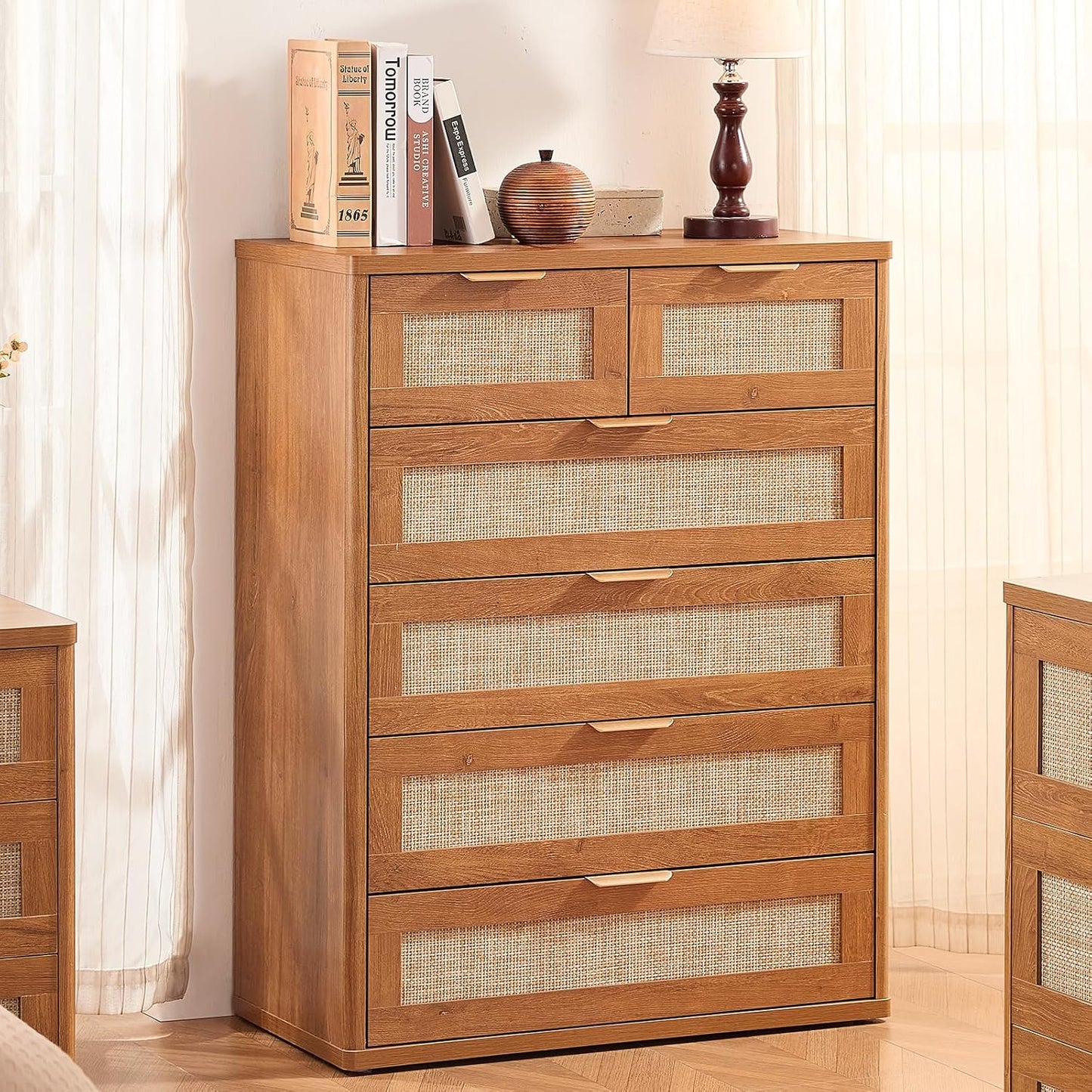 LEYAOYAO Rattan Dresser for Bedroom, 42" Tall Chest of Drawers, Modern 6 Drawers Boho Dressers with Storage, Vintage Brown Dresser Wooden Closet Organizer for Living Room, Hallway