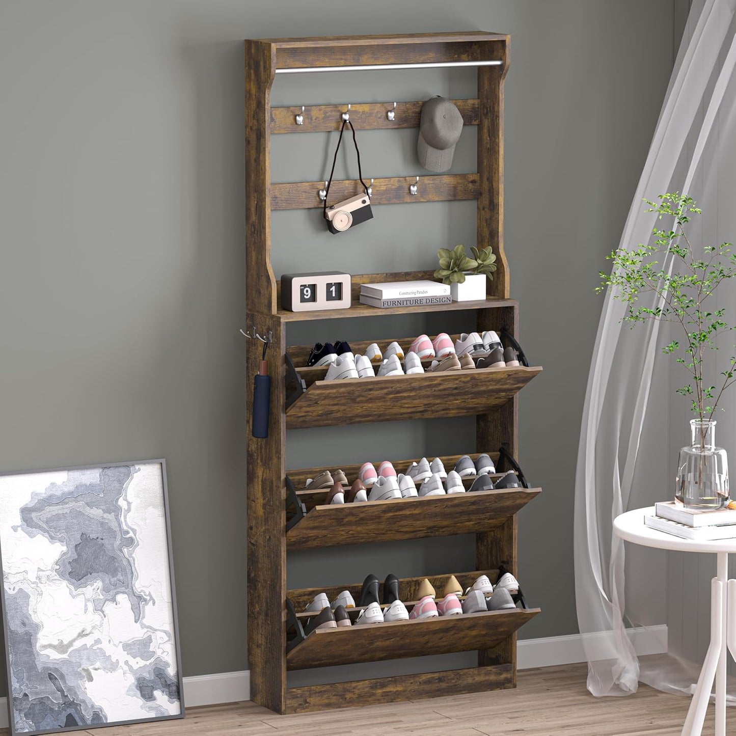 Shoe Cabinet with 3 Flip Drawers & Coat Rack, Narrow Hidden Shoe Storage Cabinet, 2-in-1 Hall Tree Slim Freestanding Shoe Rack Organizer for Entryway, Hallway, and Living Room