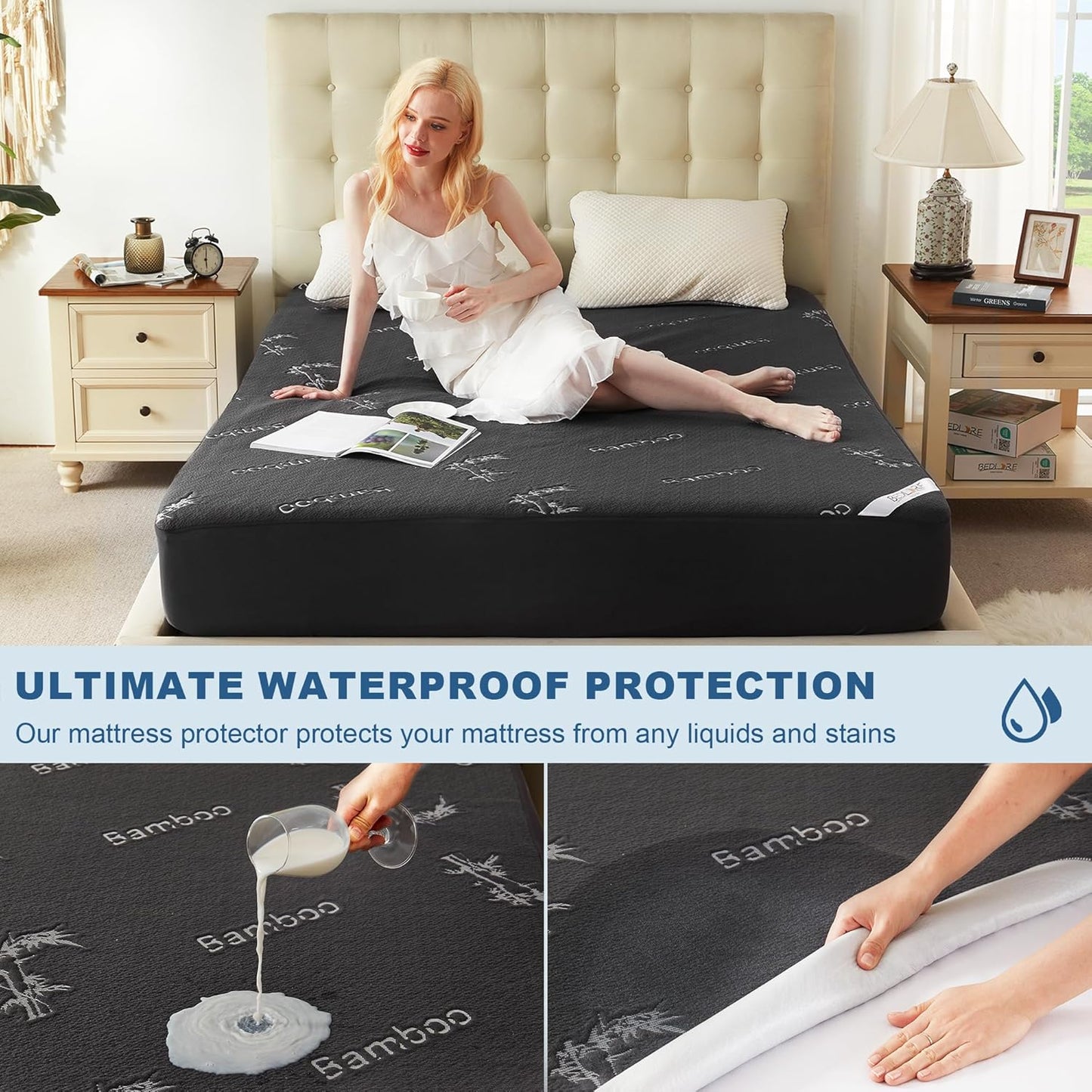BEDLORE California King Size Mattress Protector Waterproof, Mattress Pad Fitted 6-18 Inch Deep Pocket, 3D Air Fabric Soft Double Bed Mattress Cover Noiseless Washable for Bedroom, Hotel, Gray