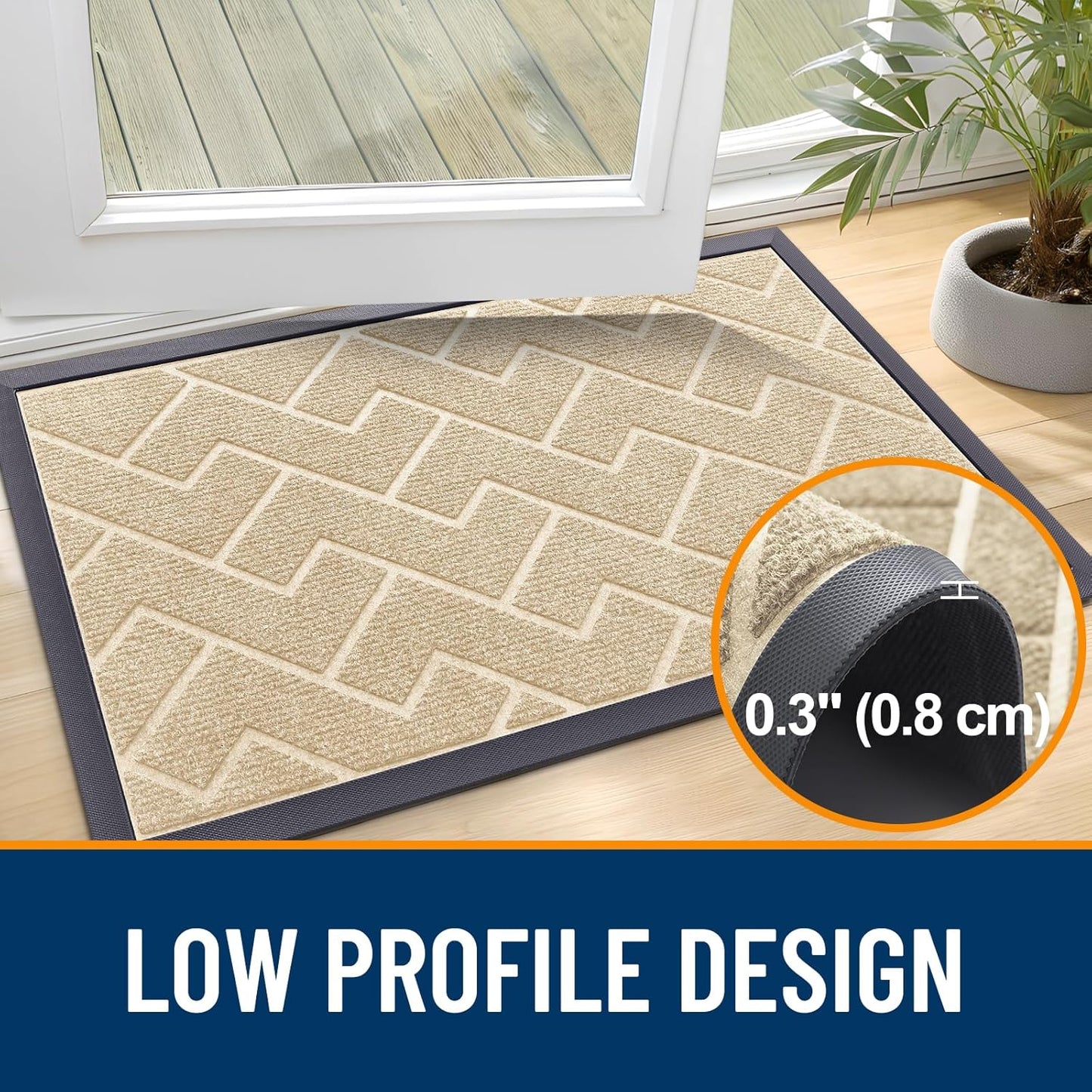 OLANLY Front Door Mat Indoor Outdoor Entrance, Waterproof All-Season, All-Weather Doormat, Sturdy Natural Rubber, Low Profile, Easy Clean Patio Porch Entryway Mat, Herringbone Brick (Beige, 59x23)