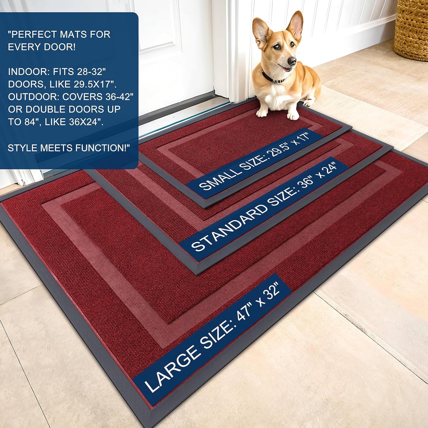 OLANLY Front Door Mat Indoor Outdoor Entrance, Waterproof All-Season, All-Weather Doormat, Sturdy Natural Rubber, Fade Resistant, Low Profile, Easy Clean Patio Porch Entryway Mat, 59x20, Wine Red