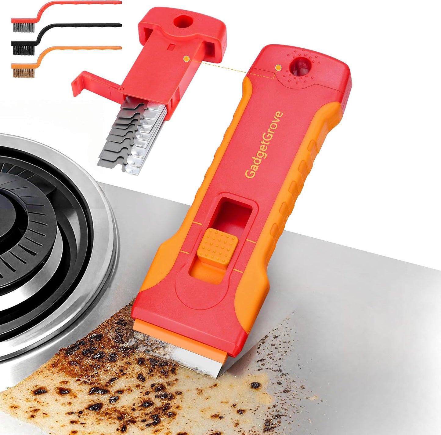 Upgraded Razor Blade Scraper with 10pcs Blades and 3Pcs small wire brushes,Scraper Tool for Cleaning Glass Window, Cooktop, Oven, Stove Scraper, Razor Scraper with Buit-In Blade Storage, Orange