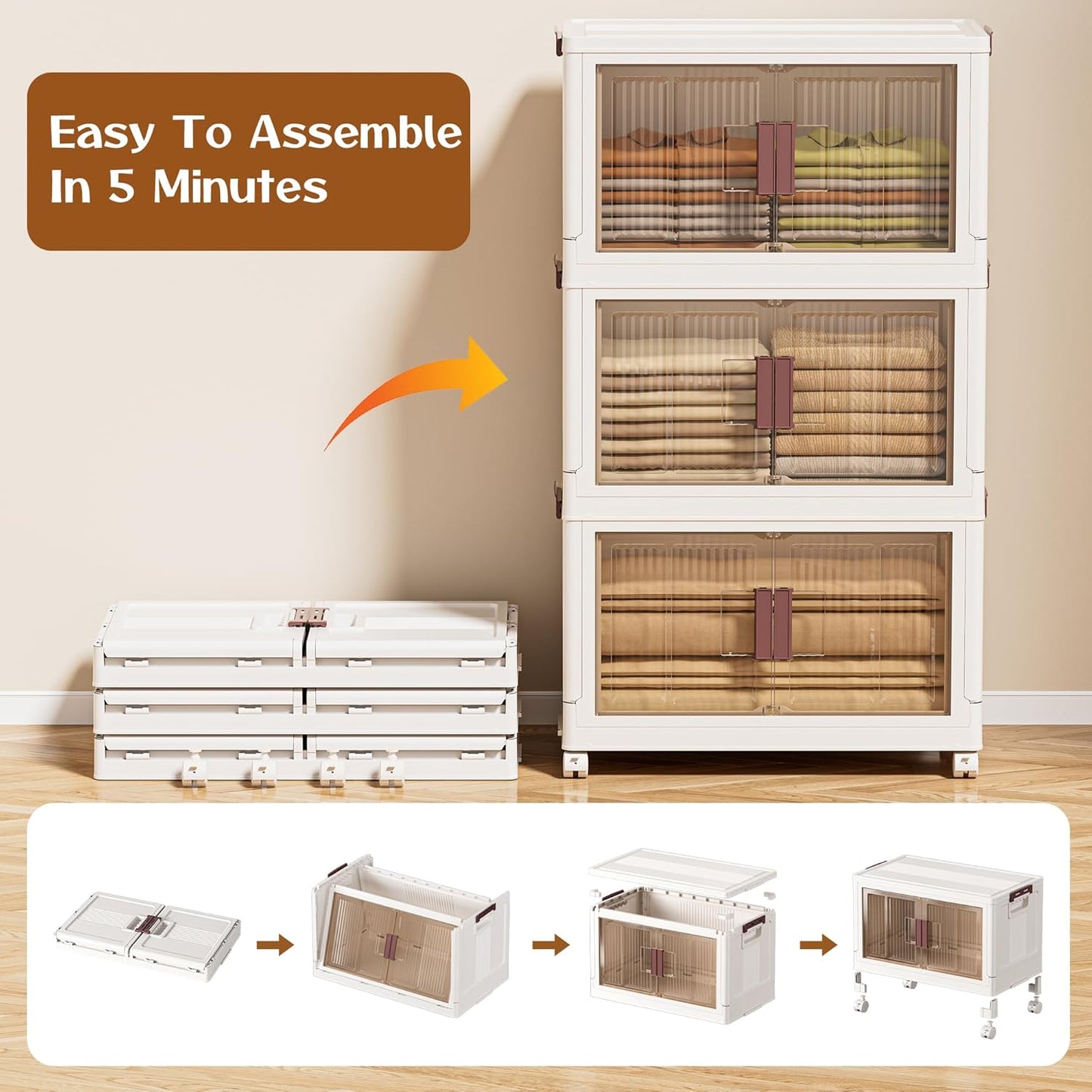 45GAL/180QT 3 Tier Large Stackable Storage Bins with Lids and Wheels, Collapsible Storage Bins Plastic with Doors, Suitable for Clothes, Closet, Home and Office