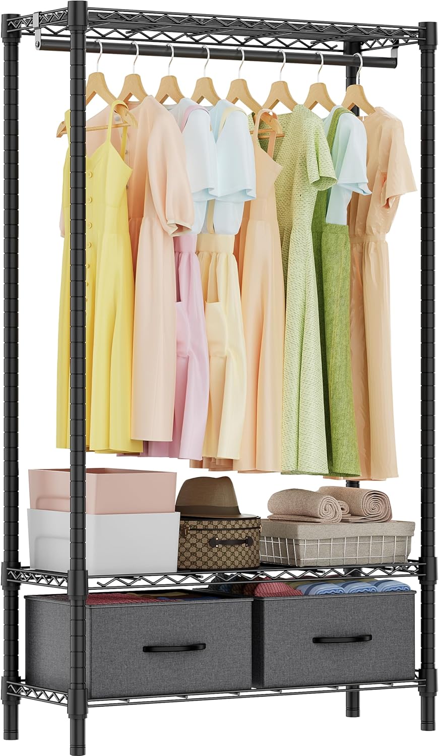 Heavy Duty Rolling Garment Rack 3 Tiers Adjustable Wire Shelving with Rod, Storage Closet Clothing Rack with Drawers Dark Grey, 15.8" D x 35.5" W x 72.4" H