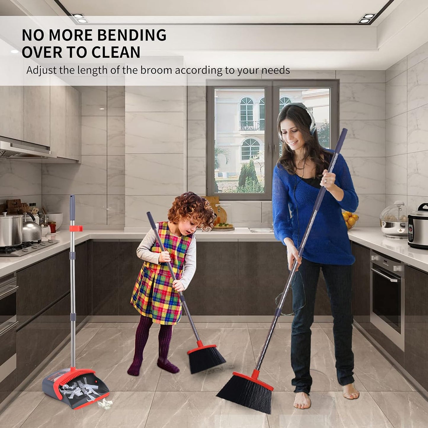 Broom with Dustpan Combo Set Broom and Dustpan Set Dust Pan with Stainless Steel Long Handle, Brooms with 5-Layer Soft Bristles for Sweeping Office Kitchen Home Pet Hair Lobby