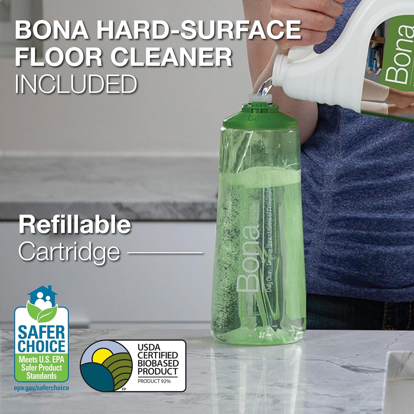 Bona Premium Multi-Surface Floor Spray Mop - Includes Multi-Surface Floor Cleaning Solution 34 fl oz and Machine Washable Microfiber Cleaning Pad - for Stone, Tile, Laminate, and Vinyl Floors