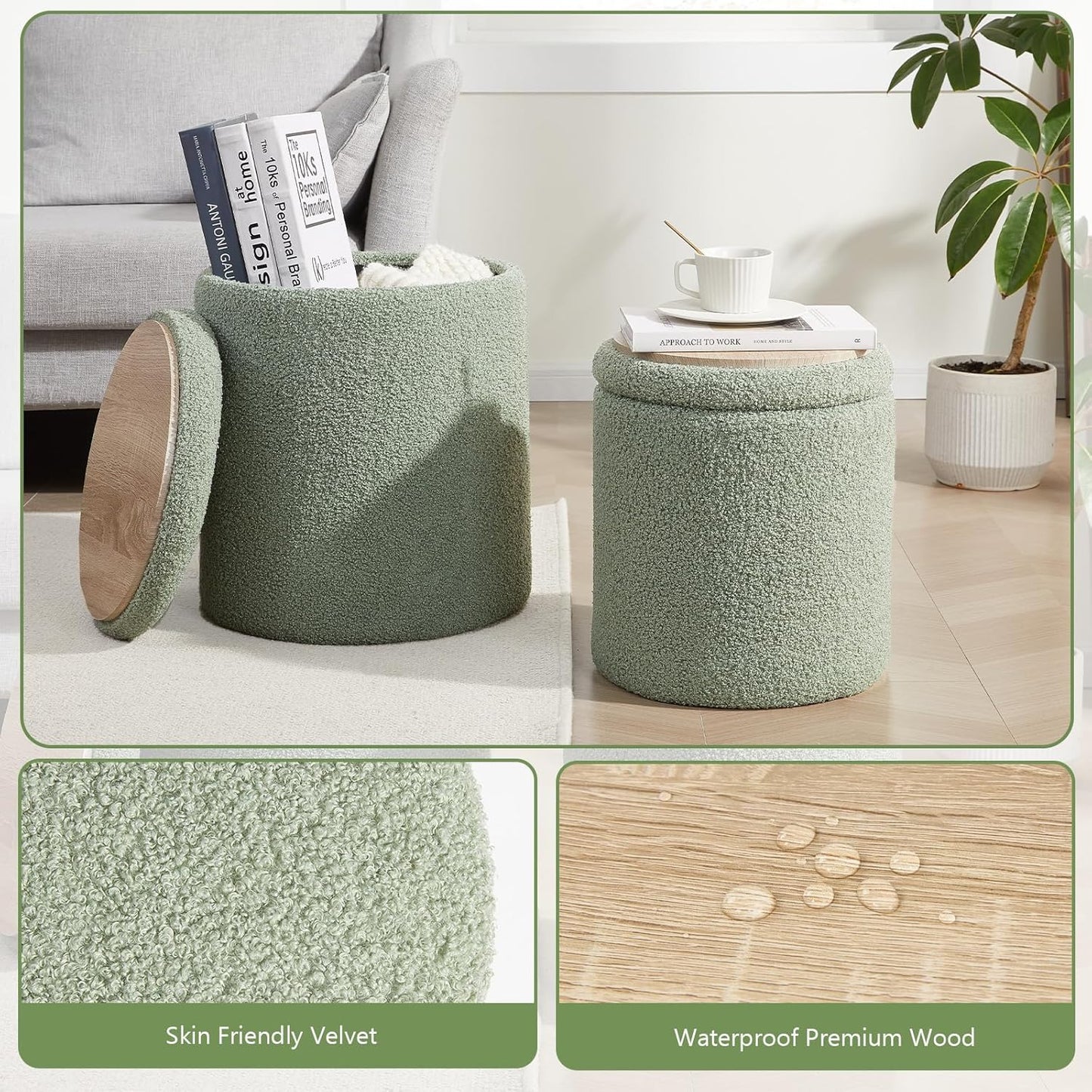 Boucle Round Ottoman with Storage Set of 2,Small Foot Stool Ottoman for Living Room,Small Coffee Table, Vanity Stool with Storage for Bedroom, Green