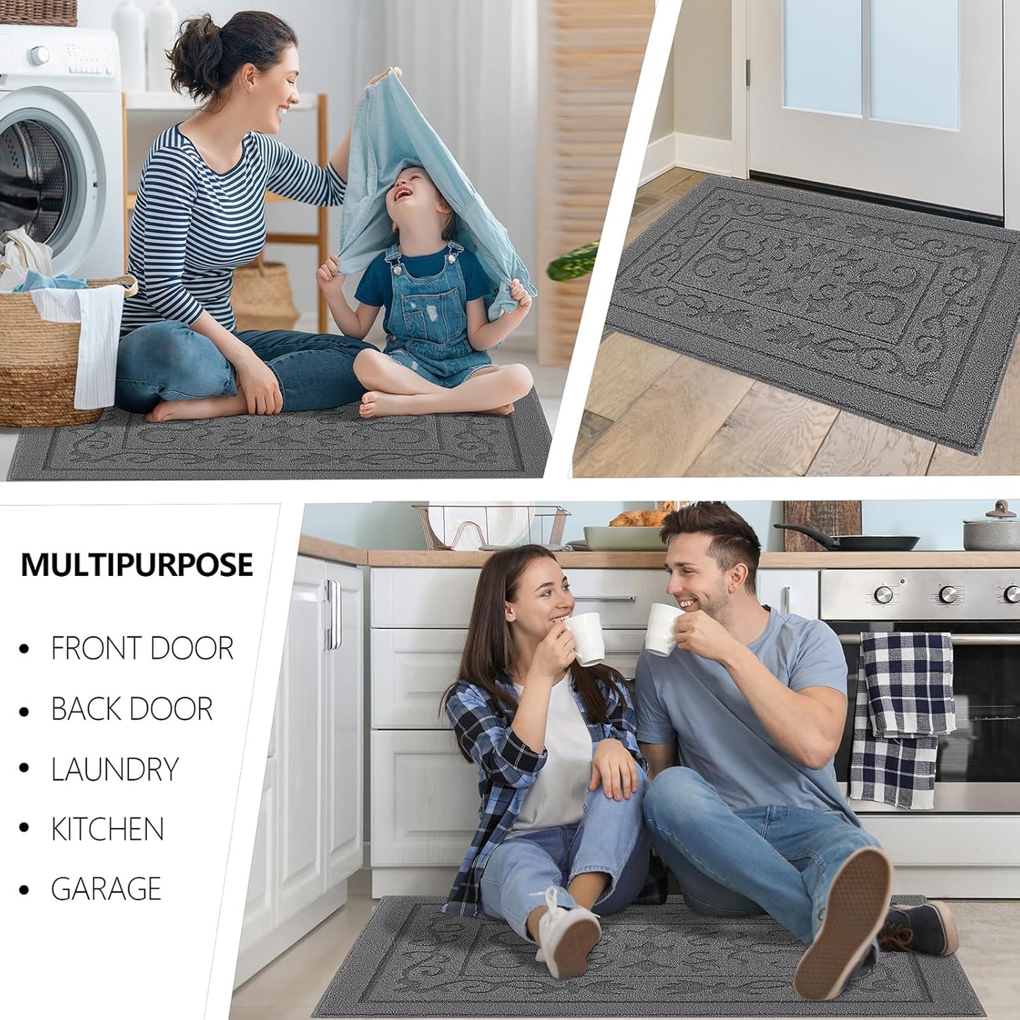 FONEYI Indoor Door Mat 32" x 40", Dirt Trapper Door Mats Non-Slip Entryway Rugs Washable, Absorbent Resist Dirt Welcome Mat, Low Profile Inside Floor Mats for Front Back Door and Entryway, Grey