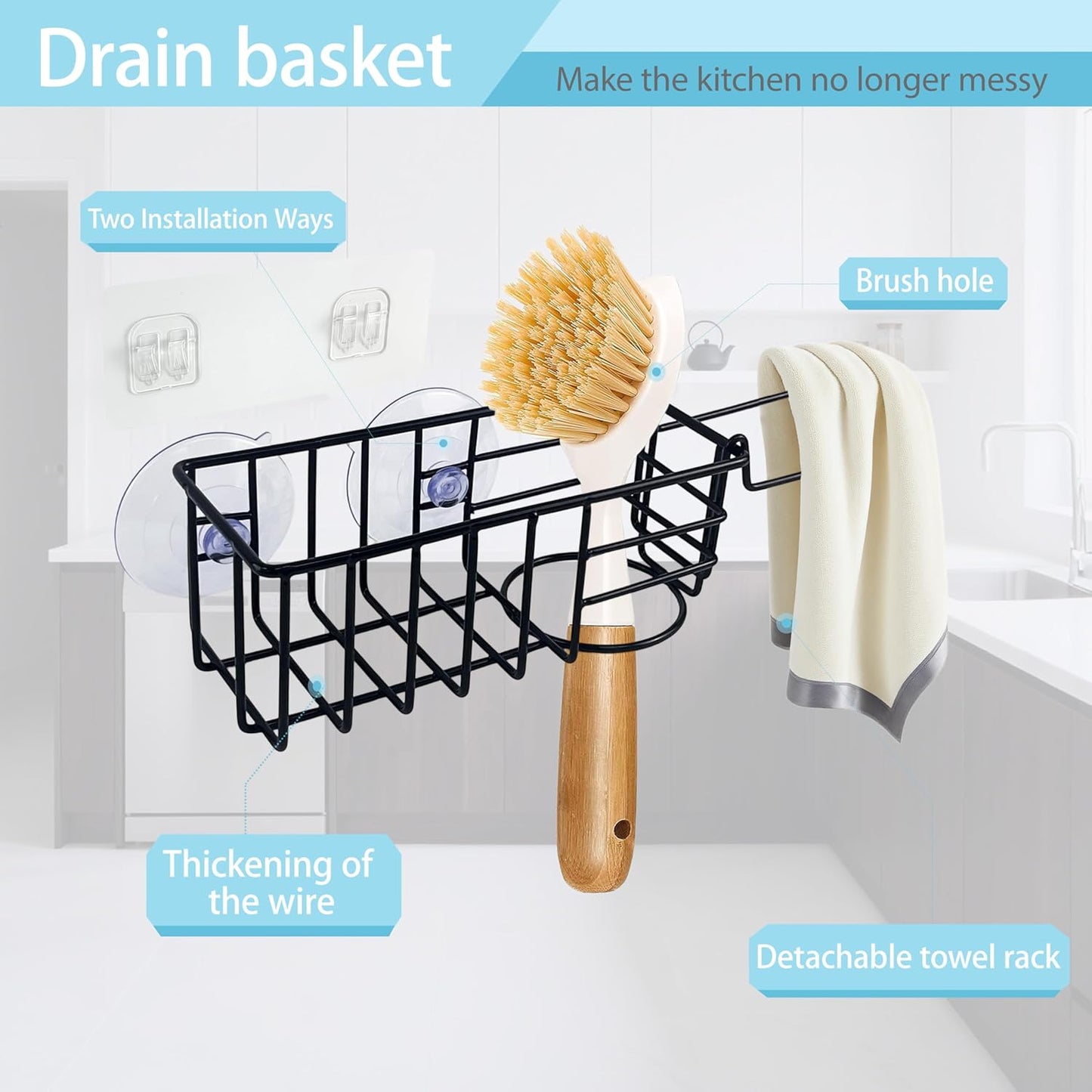 Sponge Holder with Dish Cloth Hanger for Kitchen Sink, in-Sink Caddy Organizer with Suction Cups & Adhesive Strips, Rustproof Sponge Rack for Soap, Brush, Scrubber - Black（2 Pack）