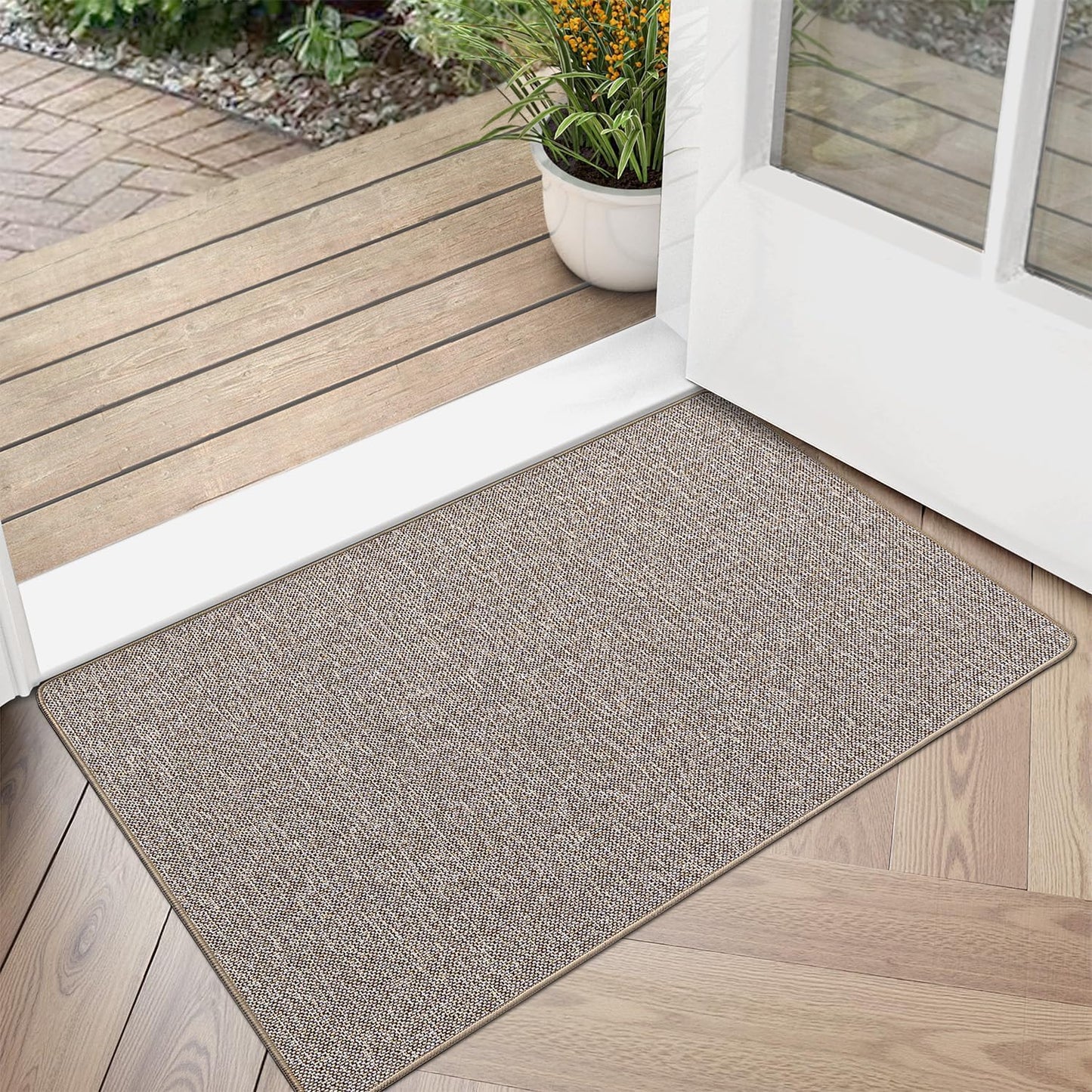 LUMI Ultra Thin Door Mat for Entryway, 24"x36" Low Profile Non Slip Rubber Backing Indoor Doormat, Easy Clean Welcome Entrance Mat for Inside House, Patio, Khaki