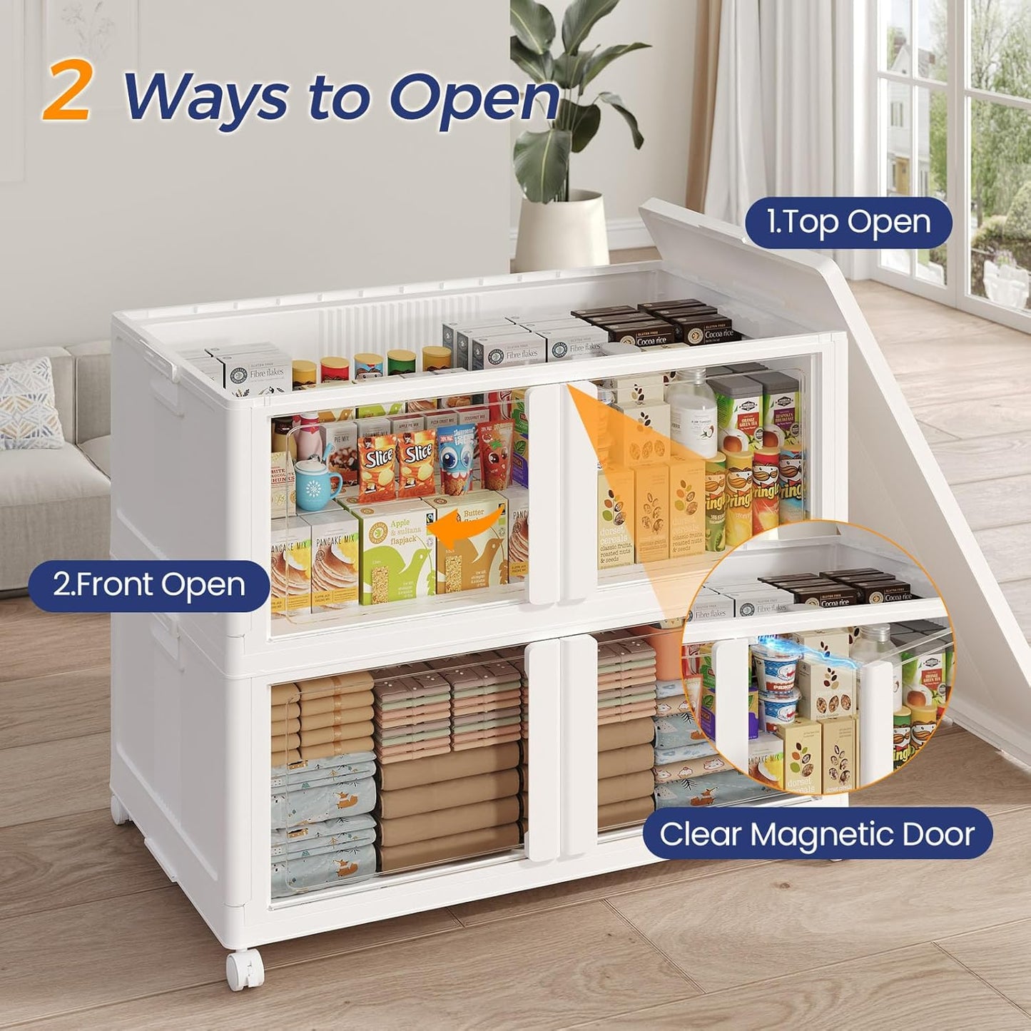 250GAL Large Stackable Storage Bins with Lid and Wheels, 1000Qt Collapsible Organizer Cabinet with Clear Door, for Closet, Bedroom, Kitchen, Garage, 5-Pack White