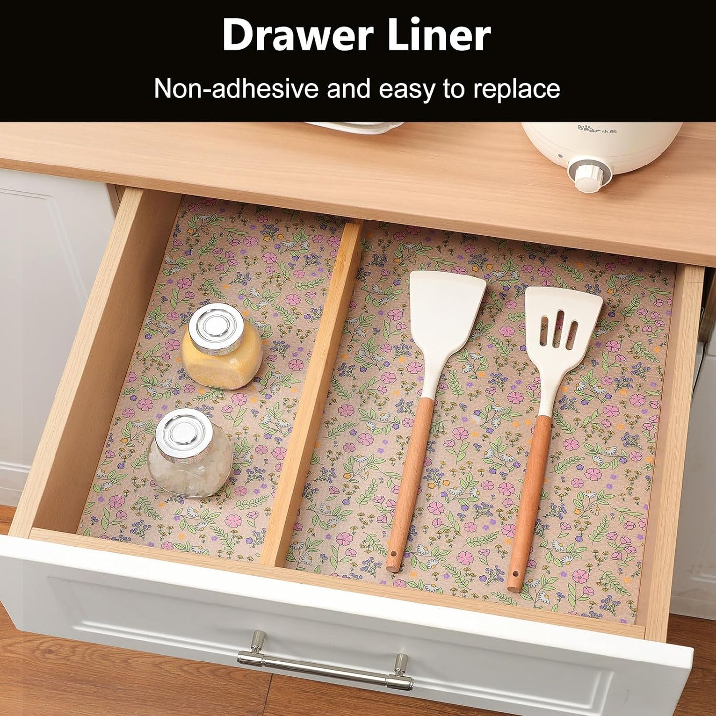 INNOLITES Non-Slip Shelf Liner – Cabinet & Drawer Liner Non-Adhesive – Waterproof Oil-Proof – Durable EVA with Floral for Kitchen Cabinets Refrigerator – BPA-Free, Easy to Cut 23.6" x 118"
