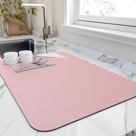 Dish Drying Mat for Kitchen Counter, Heat Resistant Drainer Mats with Non-slip Rubber Backed, Hide Stain Kitchen Super Absorbent Draining Mat, Easy to Clean Dish Rack Pad, Pink 16"x20"