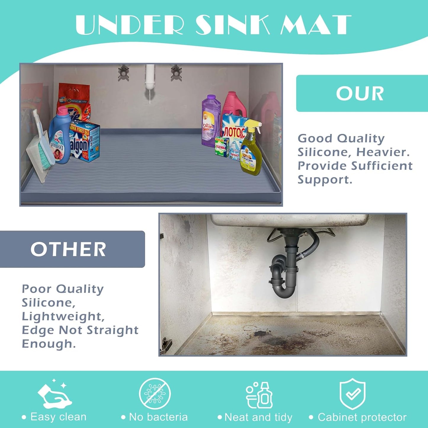 URMONA Waterproof Silicone Under Sink Mat 16'' x 10'' Shelf Liner for Kitchen and Bathroom, Cabinet and Counter Protector, Storage and Organizers, Litter Mat, Pet Cat Puppy Essentials(Light Grey)