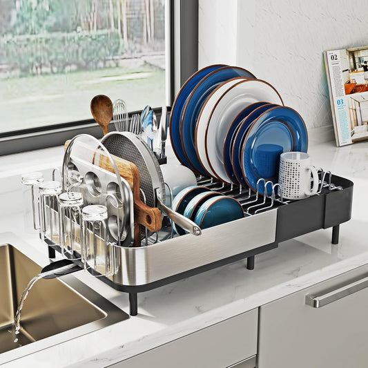 SUNLY Expandable Dish Drying Rack, Versatile Brackets for Pots & Pans, Space Saving Kitchen Drying Rack, Dish Racks for Kitchen Counter, Stainless Steel Dish Drainers with Extendable Spout, Black