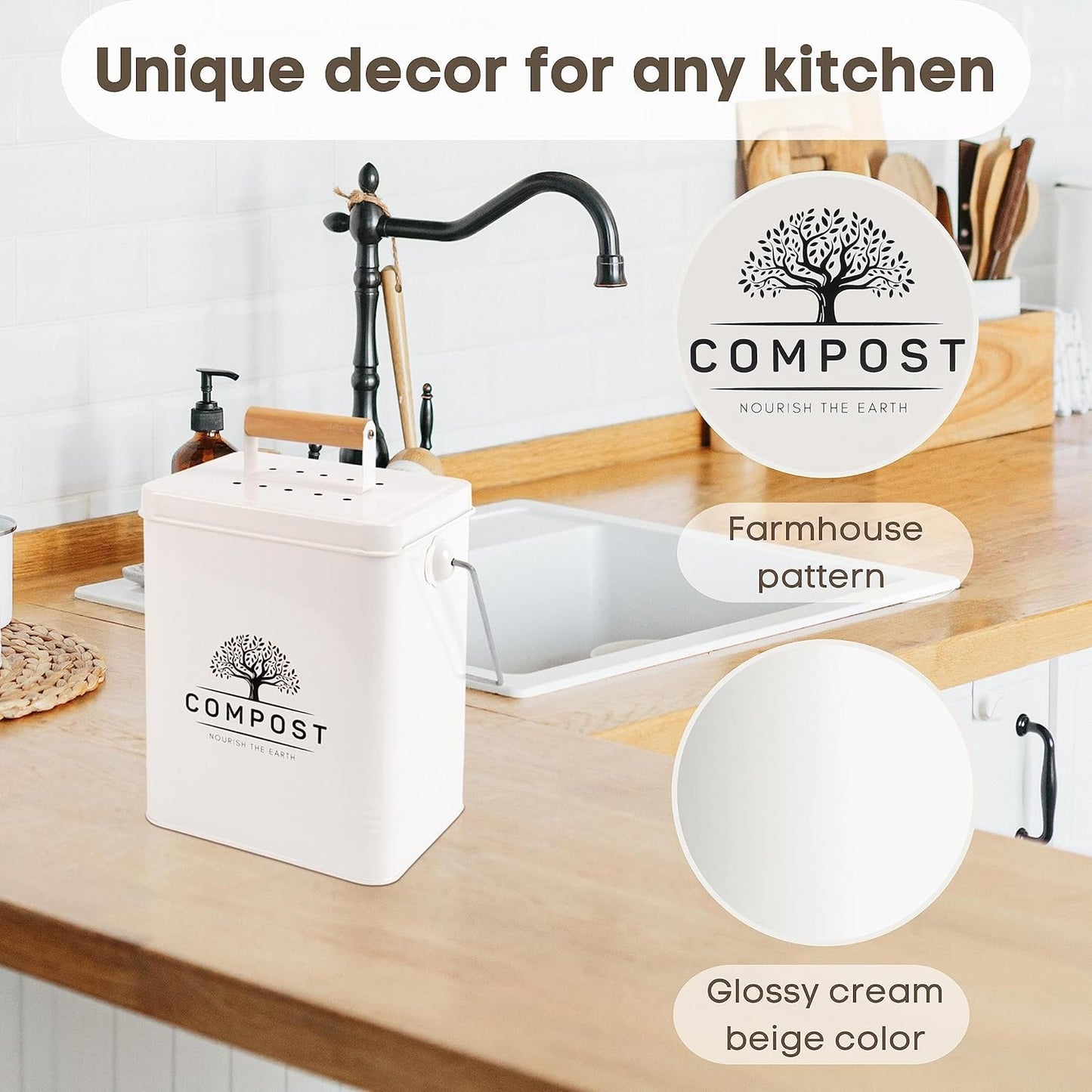 PERFNIQUE Kitchen Compost Bin, 1.7 Gallon Countertop Compost Bin with Lid, Indoor Compost Bin Includes 2 Carbon Filters, Small Compost Bucket, Food Waste Bin for Kitchen with Trash Bags (Cream White)