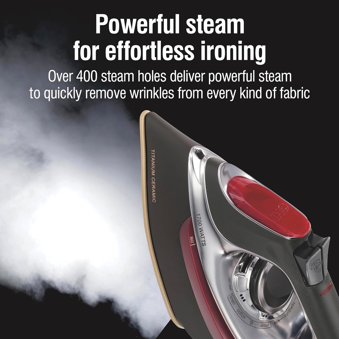CHI Steam Iron for Clothes with 8’ Retractable Cord, 1700 Watts, 3-Way Auto Shutoff, 400+ Holes, Professional Grade, Temperature Control Dial, Titanium Infused Ceramic Soleplate, Silver (13106)