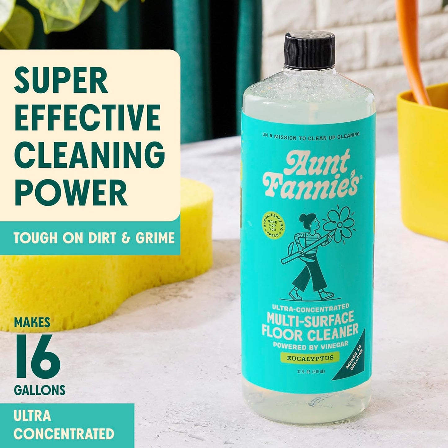 Aunt Fannie's Ultra Concentrated Floor Cleaner Vinegar Wash, Multi-Surface Solution For Mopping, Makes 16 Gallons, Eucalyptus Scent, 32 oz. (Pack of 6)