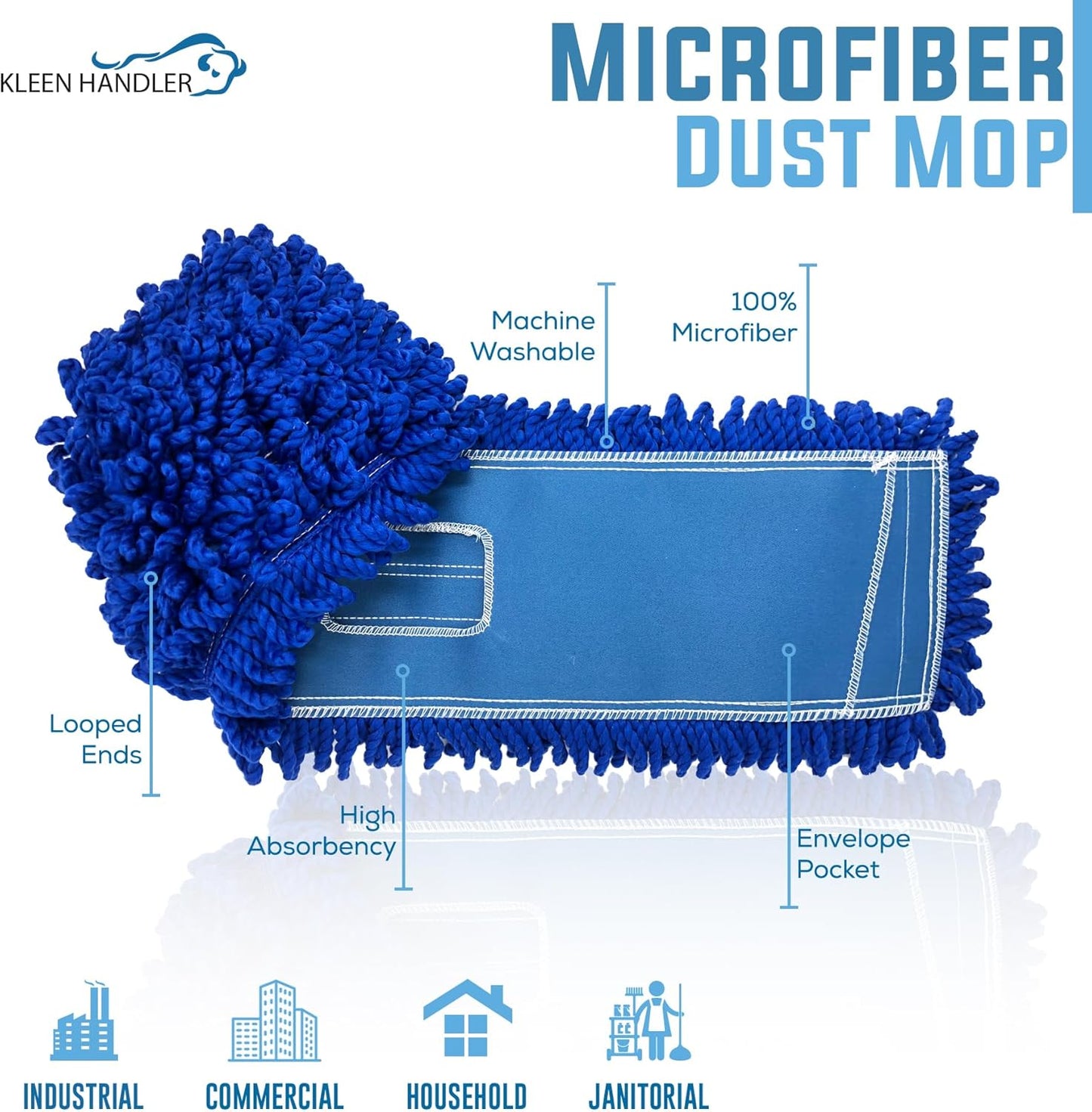 KLEEN HANDLER 18 Inch Microfiber Dust Mop Bulk Pack of 12, Large Washable Commercial Mop Head Replacement, Sweeper, Janitorial Supplies, Blue