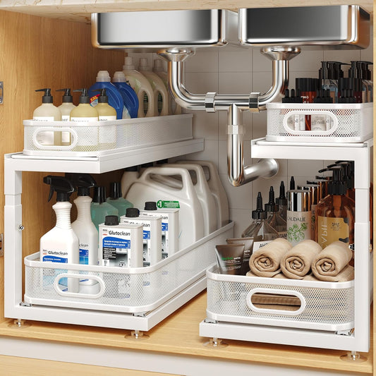 2-Pack 21.3 IN Depth Under Sink Organizer With Next-Gen Ball-Bearing Slides,Sophisticated Mesh 2-Tier Pull Out Shelf for Kitchen & Bathroom,Fits Small Items-White(Patented)