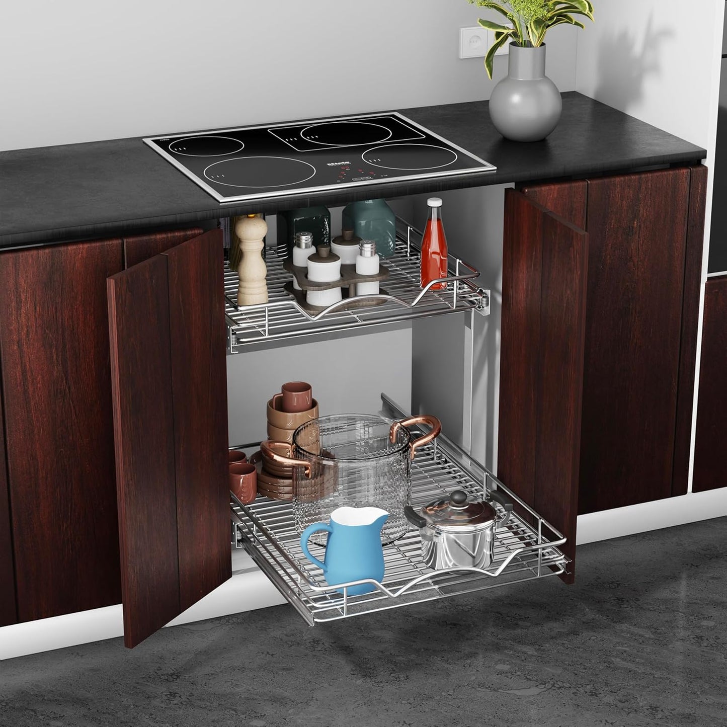 HOLDN’ STORAGE Two Tier Pull Out Cabinet Organizer, Individual Sliding Drawers - Heavy Duty Metal with Lifetime Limited Warranty - Anti Rust Chrome Finish - 12" W x 21”D x 16.5" H