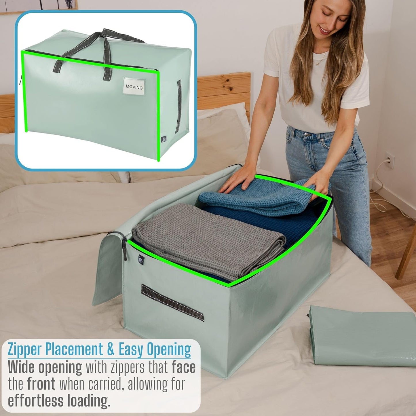 VENO 10 Pack Moving and Storage Bags, Heavy Duty, Alternative to Moving Boxes, Large Packing Totes Supplies for College Dorm Room with Zipper for Clothes, Wide Open Design (Shiny Light Green, 10 Pack)