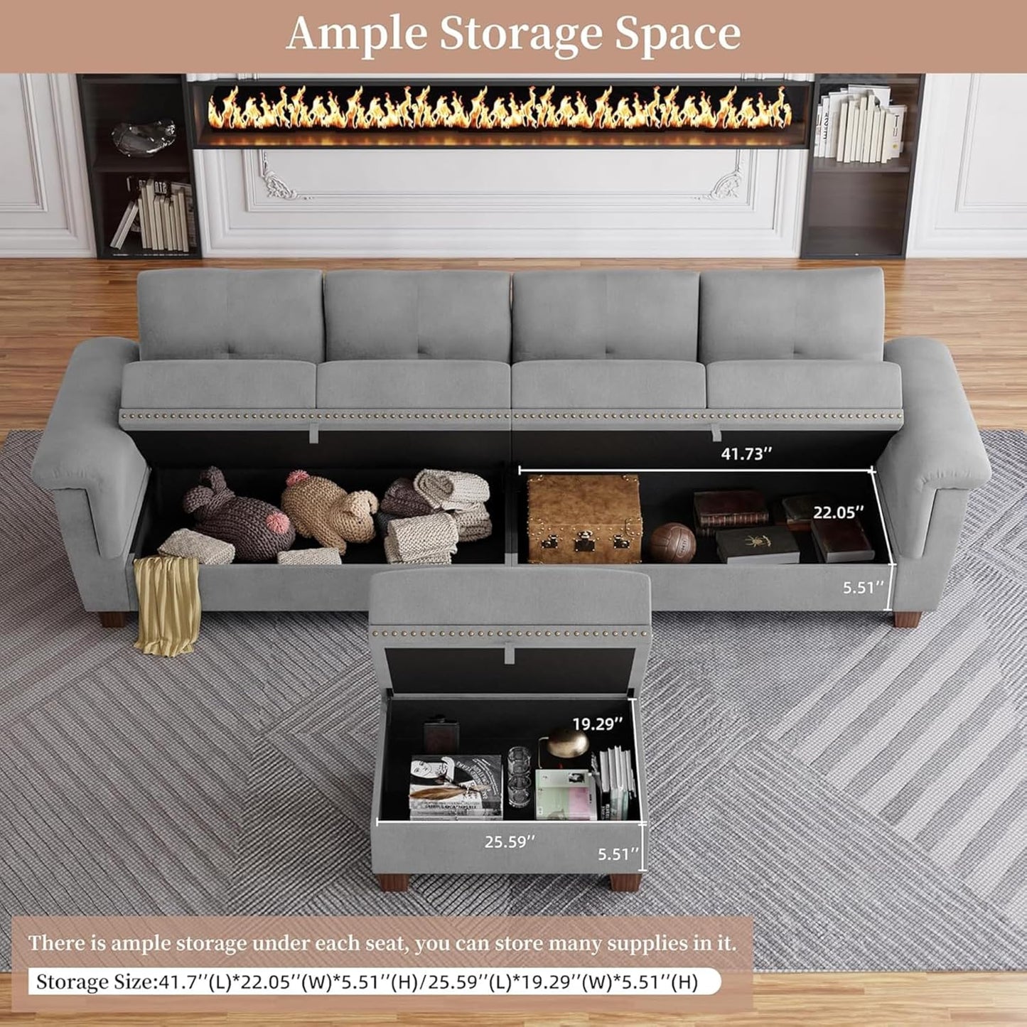 JAMFLY 108" Modular Sectional Sofa with Storage, L Shaped Sofa Couch with Reversible Ottoman, 4-Seat Convertible Sectional Couches with Cup Holders for Living Room, Apartment, Light Grey