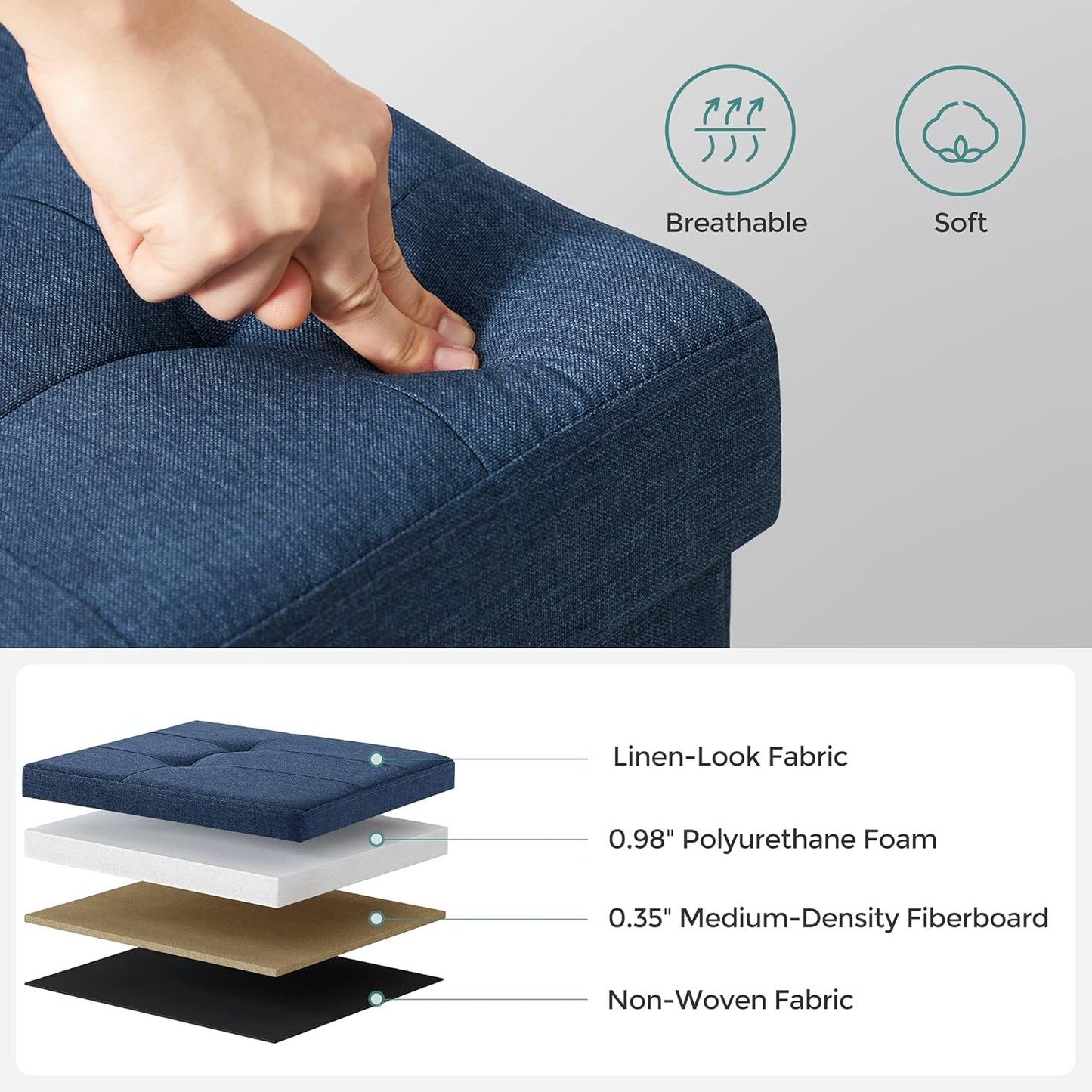 SONGMICS MAZIE Collection - 30 Inches Folding Storage Ottoman Bench, Ottoman Foot Rest, End of Bed Bench, Storage Chest, Load 660 lb, for Living Room, Bedroom, Entryway, Midnight Blue ULSF47IN