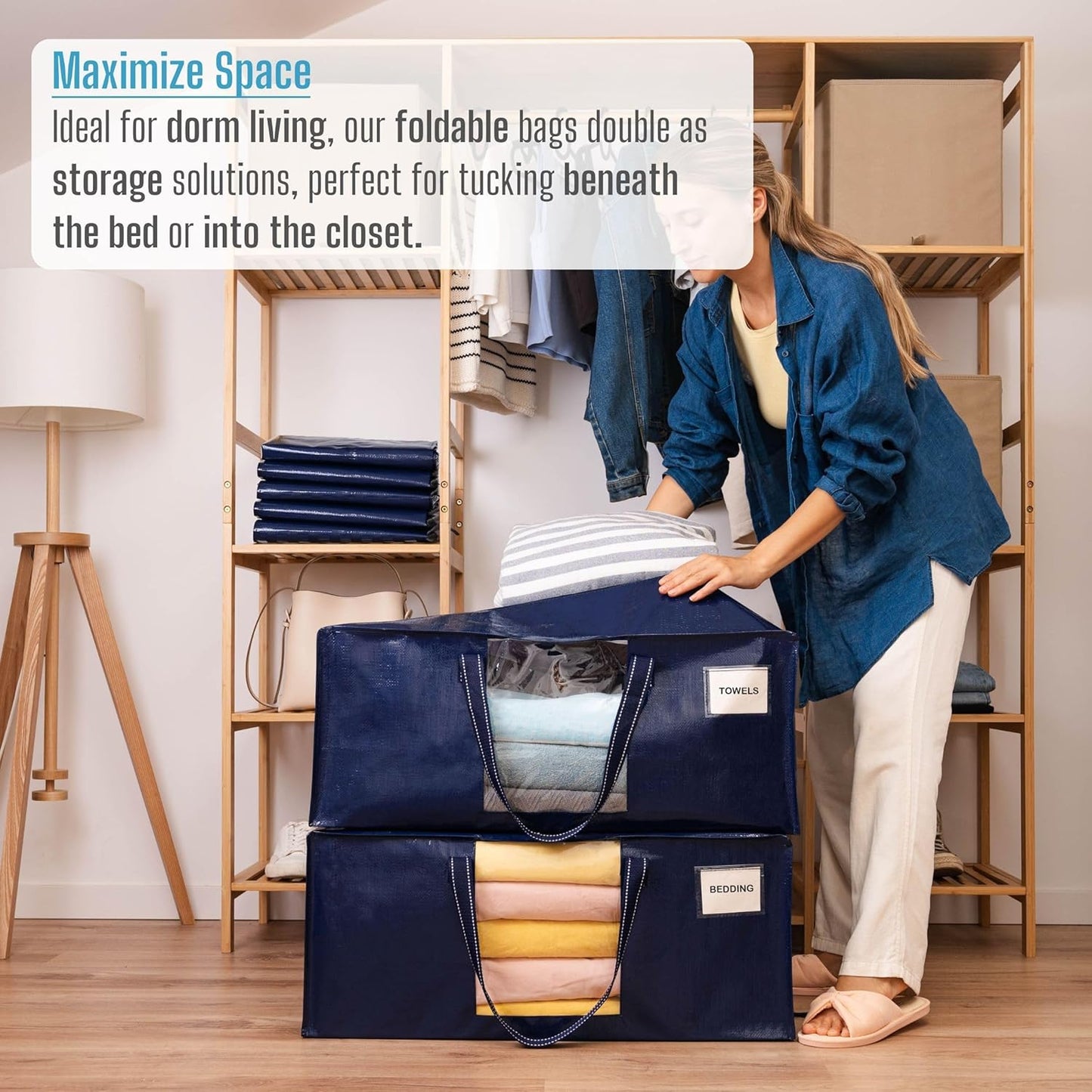 VENO 10 Pack Moving Bags Extra Large Storage Bags for College Move-In, Heavy-Duty Storage Totes, Packing Boxes, and Wardrobe Moving Supplies - Durable Laundry Bags for Clothes (Blue w/Window, 10 Pack)
