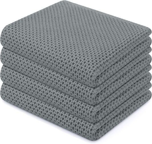Homaxy 100% Cotton Waffle Weave Kitchen Dish Towels, Ultra Soft Absorbent Quick Drying Cleaning Towel, 13 x 28 Inches, 4-Pack, Grey