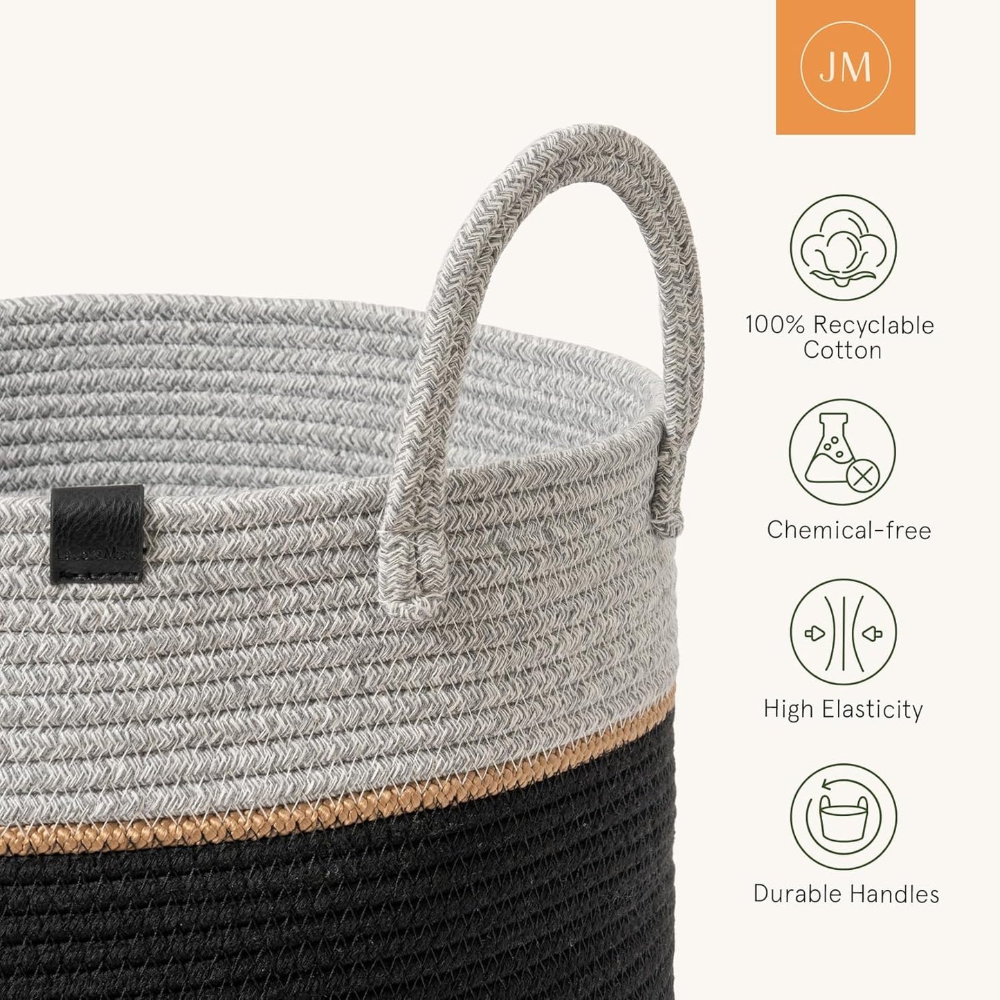 LA JOLIE MUSE Woven Basket Rope Storage Baskets - Large Cotton Organizer, Basket for Baby Blanket, Kids Toy Nursery Laundry Basket Ebony Black XL