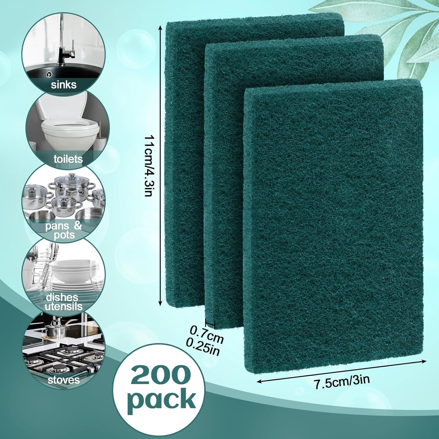 Hoolerry 200 Pcs Heavy Duty Scouring Pads Non Scratch Household Scrub Pads for Cleaning Reusable Pan Scrubber Anti Grease Scrubbing Pads for Dish Kitchen Metal Grills, 4.3 x 3 x 0.3 in (Green)