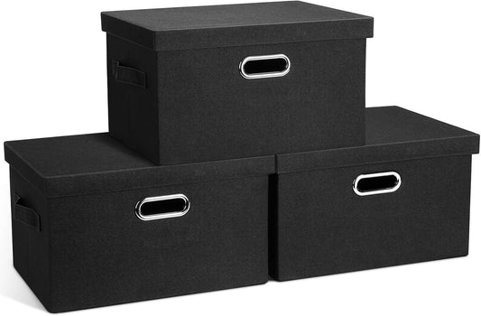 Medium 15" 21 Quart Collapsible Stackable Storage Bins with Lids, 3 Packs Black Foldable Fabric Closet Boxes Heavy-duty Lidded Linen Cube Basket Container Organizer and Storage for Bedroom