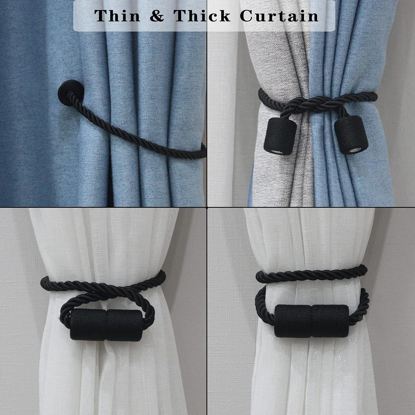4 Pack Strong Magnetic Curtain Tiebacks Outdoor Elegant Decorative Tie Backs Modern Rope Tiebacks for Drapes Window Curtain Holdbacks for Draperies- Black