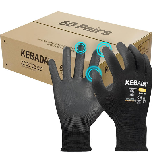 Kebada W1 Safety Work Gloves, PU Coated Touch Screen Work Gloves with Grip, Bulk Pack Working Gloves for Warehouse, Construction, Gardening and Mechanic Use, Black, 50 Pairs, XXL