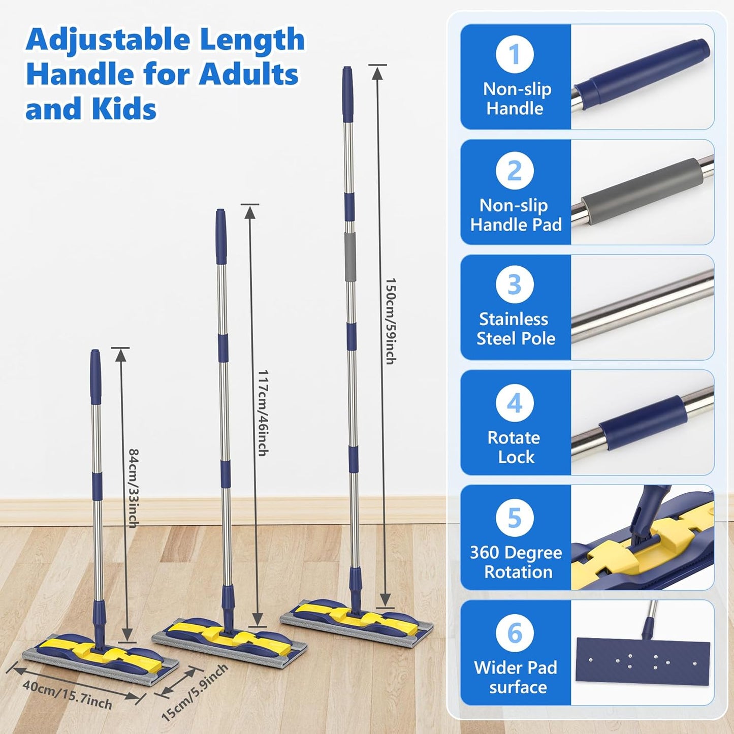 MEXERRIS Microfiber Flat Mop for Hardwood Laminate Tile Floor Cleaning: Stainless Steel Handle - 4 Reusable Flat Mop Refills and 1 Dirt Removal Scrubber Included - Dry Dust Mop Commercial Home Use