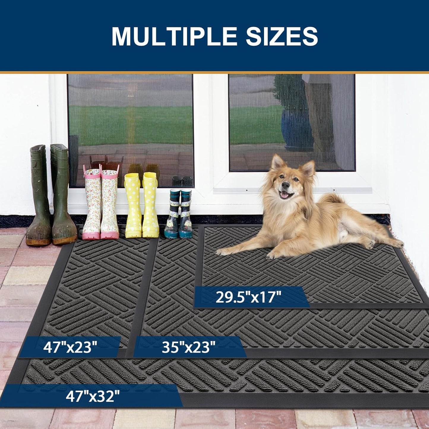 Smiry Front Door Mat Outside Entrance, Heavy Duty Outdoor Indoor Natural Rubber Doormat, Non Slip, Trap Dirt and Moisture, Easy Clean, Low Profile Patio Porch Entryway Mat, 59x23, Grey