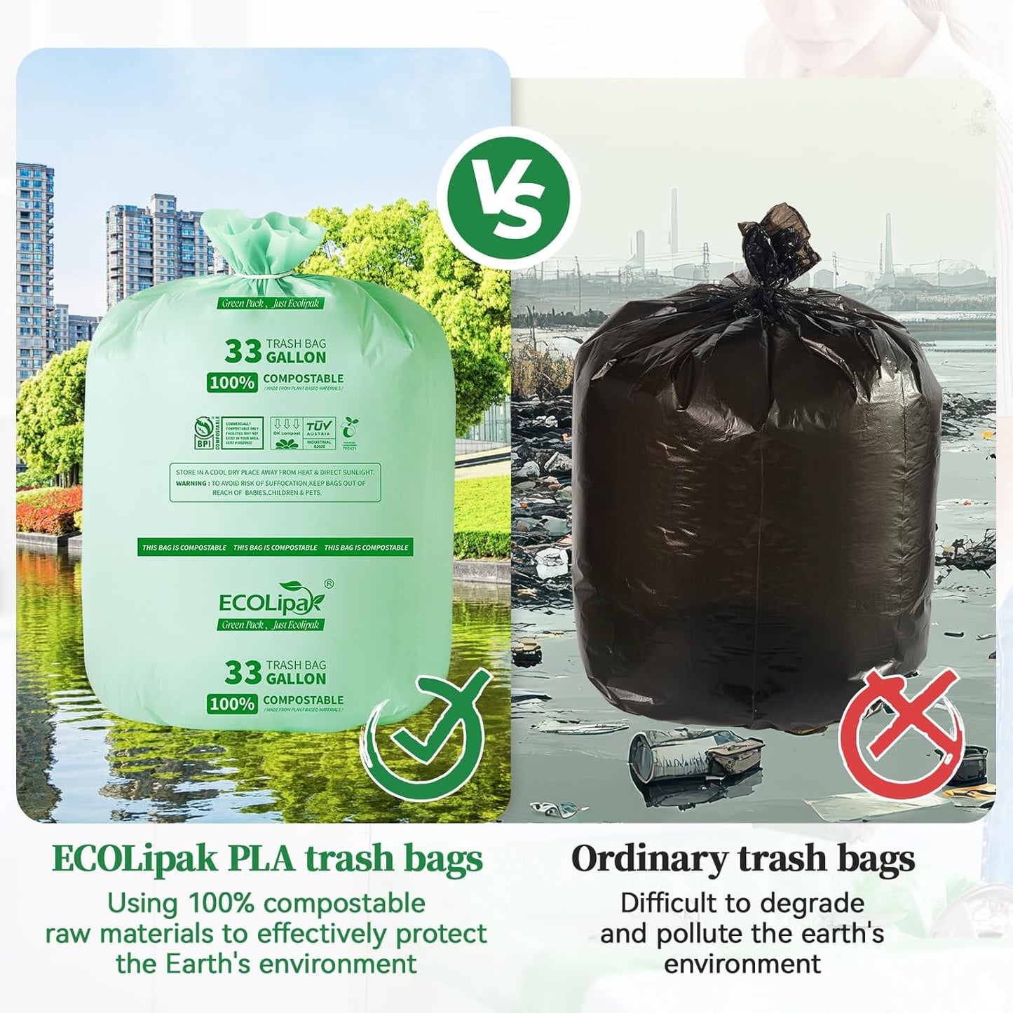 ECOLipak 33 Gallon Compostable Trash Garbage Bags, 25 Count (1 Roll) Biodegradable Heavy Duty Large Outdoor Trash Bags for Lawn/Yard, US BPI ASTM D6400 and OK Compost Home Certified