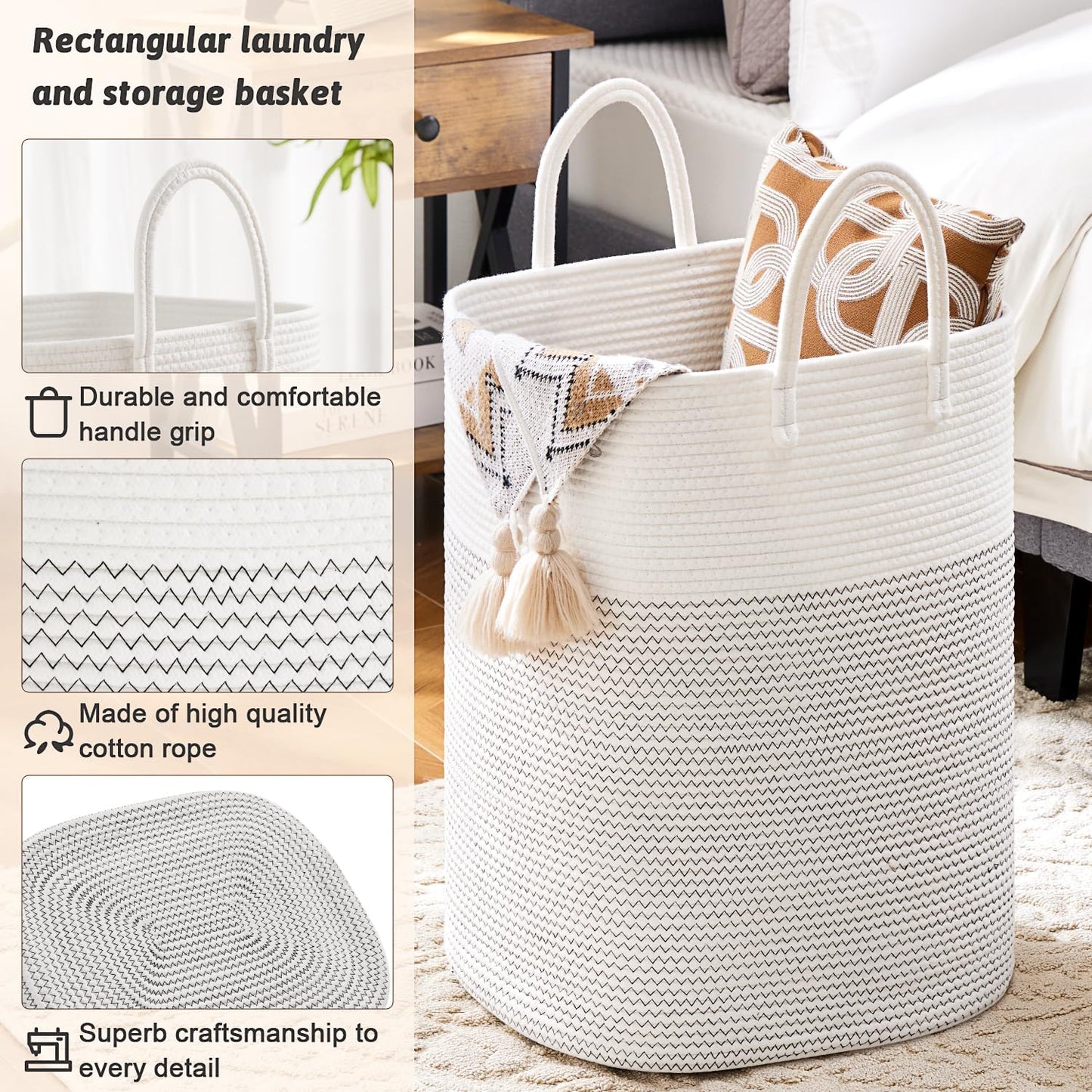 Laundry Basket,Woven Cotton Rope Laundry Hamper,Versatile Storage for Dirty Clothes,Baby Toys,and Blankets in Bathroom, Nursery,and Living Room (White, 100L)