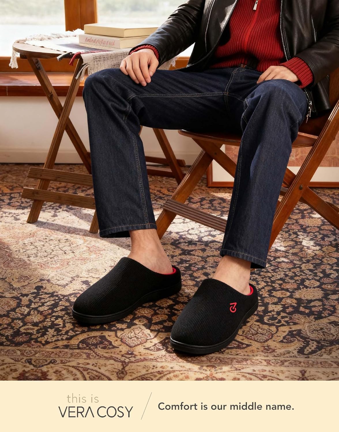 VeraCosy Men's Two-Tone Memory Foam House Slippers Indoor Outdoor Durable Rubber Sole