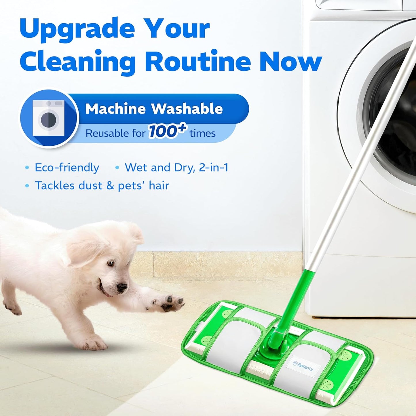 4 Pack Reusable Microfiber Mop Pads, Compatible with Swiffer Sweeper, Machine Washable Cloths, Scraper Included, Refills for All Floor Cleaning, Hook and Loop, Wet Dry - 10"- 12"