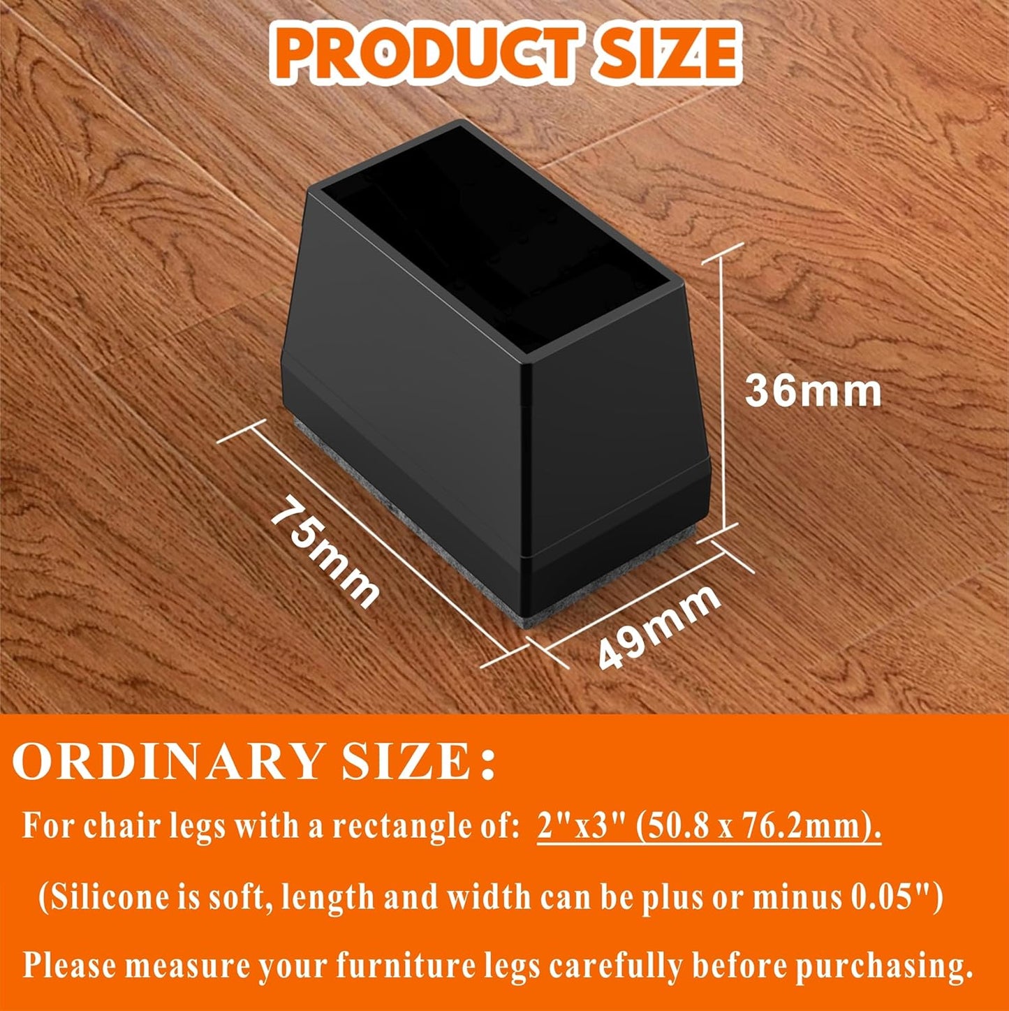 Rectangle Chair Leg Protectors for Hardwood Floors,16 PCS Silicone Covers to Protect Wood Tile Floors Felt Pads Furniture Leg Caps Reduce Noise. Easy to Move. (Black,2 x 3 Inch, Rectangular)