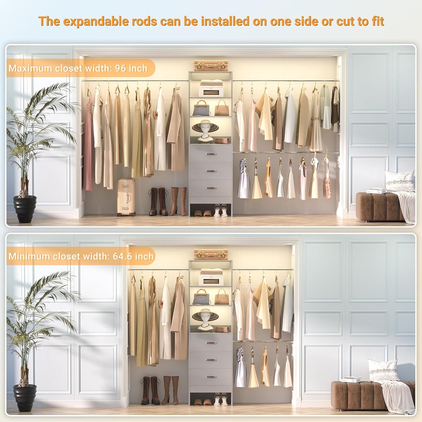 96'' Closet Organizer System with 3 Hanging Rods (Without 3 Storage Shelves), 8FT Closet Systems, Wall Mount Bedroom Wardrobe with 3 Wood Drawers, Adjustable Garment Rack from 5 to 8FT, Grey