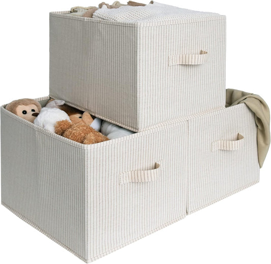 StorageWorks Storage Baskets for Shelves, Foldable Fabric Closet Storage Bins with Handles, Fabric Storage Bins Clothes Organizer, Beige Stripes, 3-Pack, Extra Large