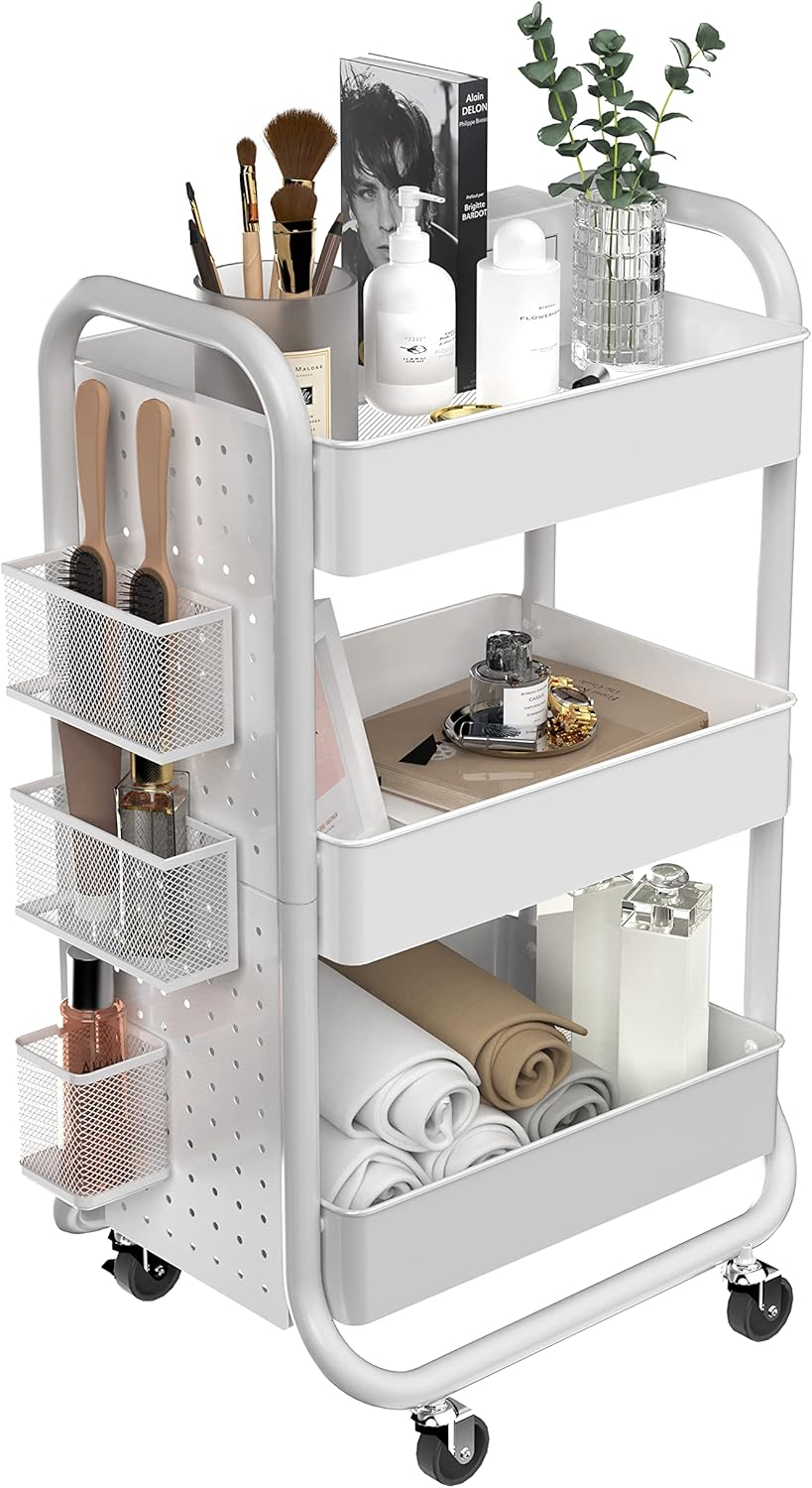 DESIGNA 3-Tier Rolling Cart, Utility Cart with Handle, Extra 3 Storage Accessories, Removable Pegboard, Easy Assembly Craft Carts for Kitchen, Bathroom, Office, Metal, White