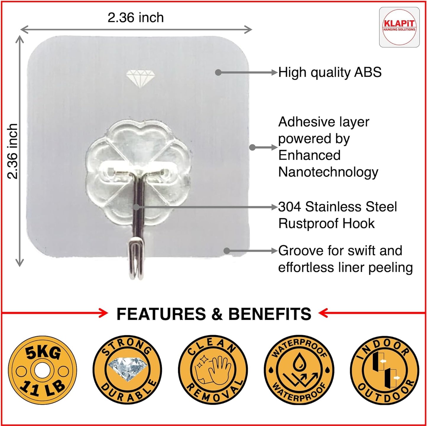 KLAPiT Super Hook - Heavy-Duty Adhesive Clear Wall Hooks, Holds Up to 11 lbs, Waterproof, No Damage, Easy Install on Tile, Wood, Stone, Glass & Metal - Made of Steel (Clear, 16pc)